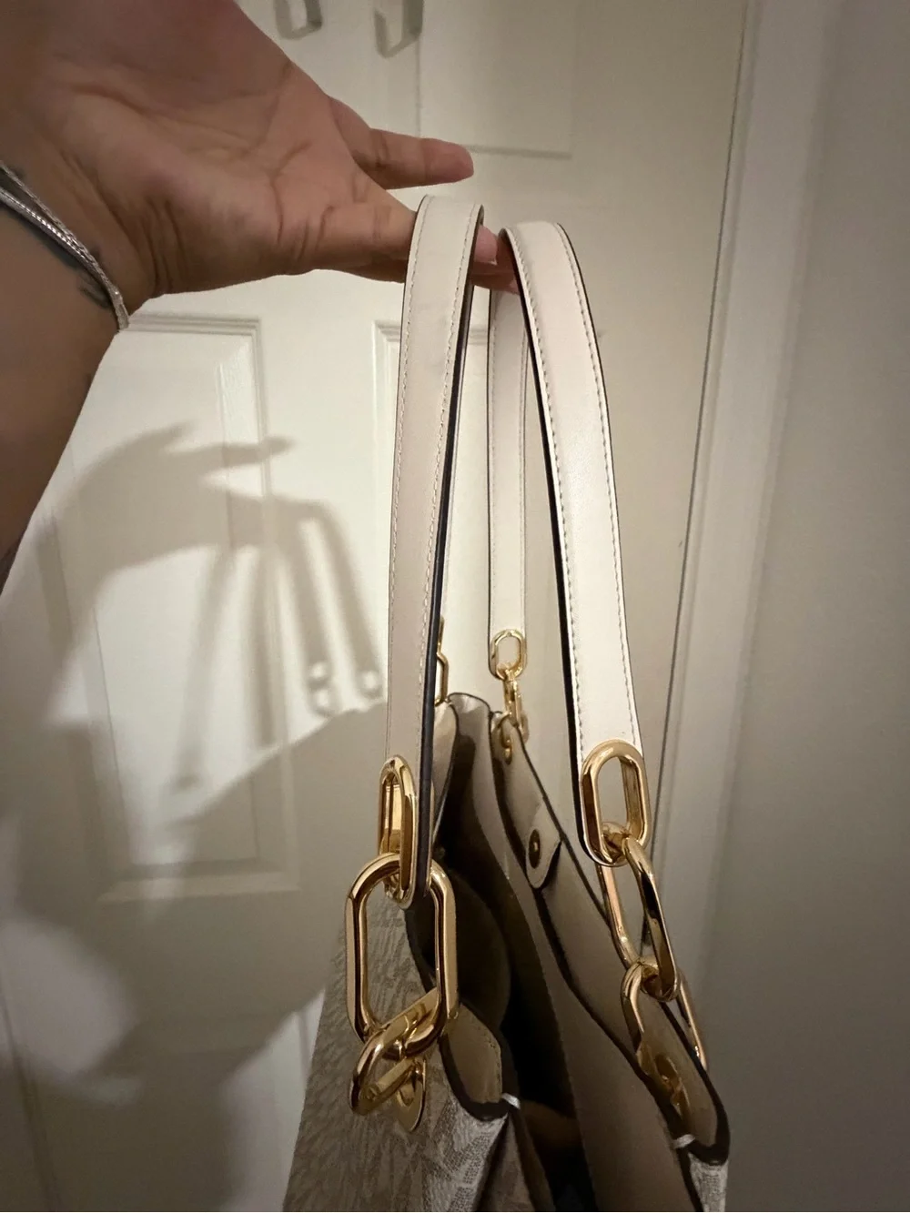 Michael Kors Cream/White MK Logo Tote with Gold Hardware